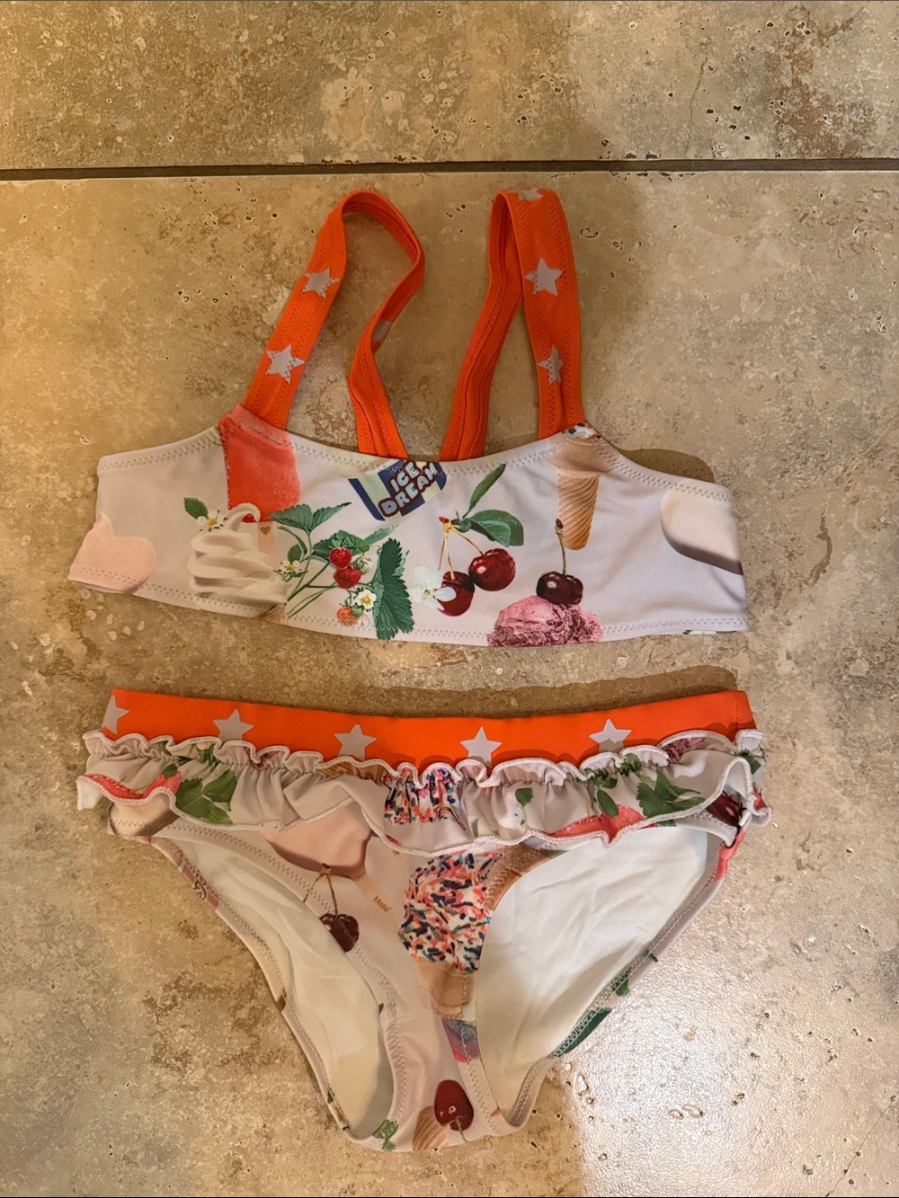 Molo Kids Orange Star Strap Bikini with Cherry & Ice Cream Print